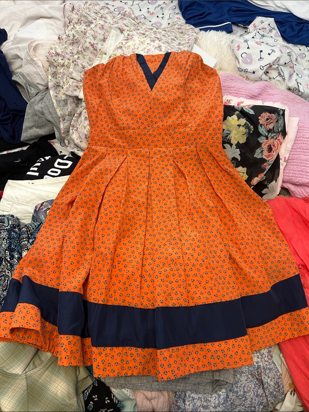 Aniina Orange Floral Fit & Flare Dress with Navy Trim